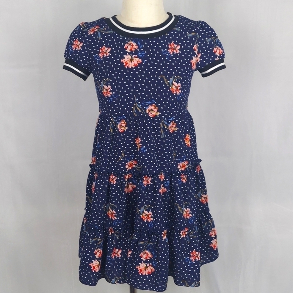 Zunie Floral tiered dress with ruffles tieback polka dot - blue - size 6X